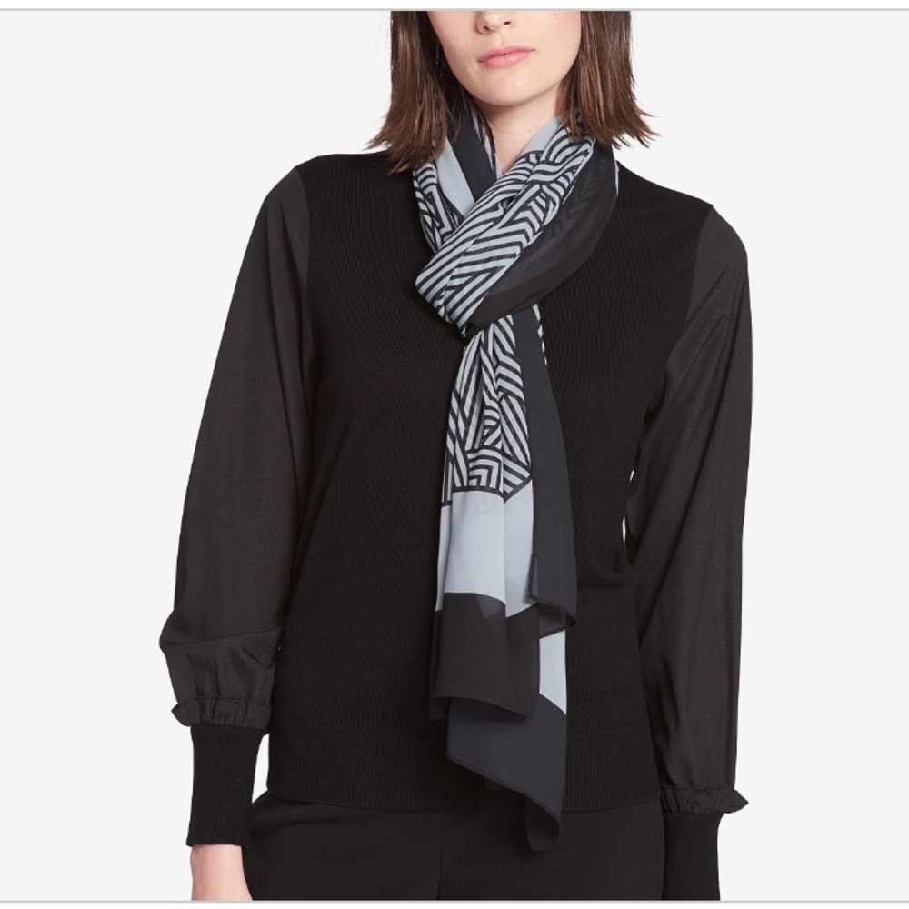 DKNY Monogram Logo Scarf – XL 44x44 Square Pashmina Grey/Black